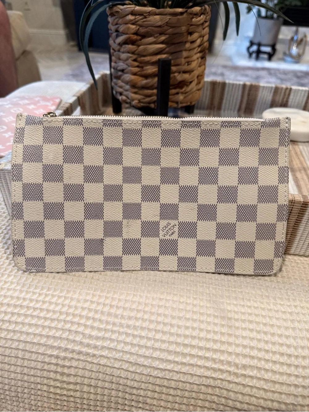 Checkered Wristlet Clutch in Cream and Gray with Gold-Tone Accent